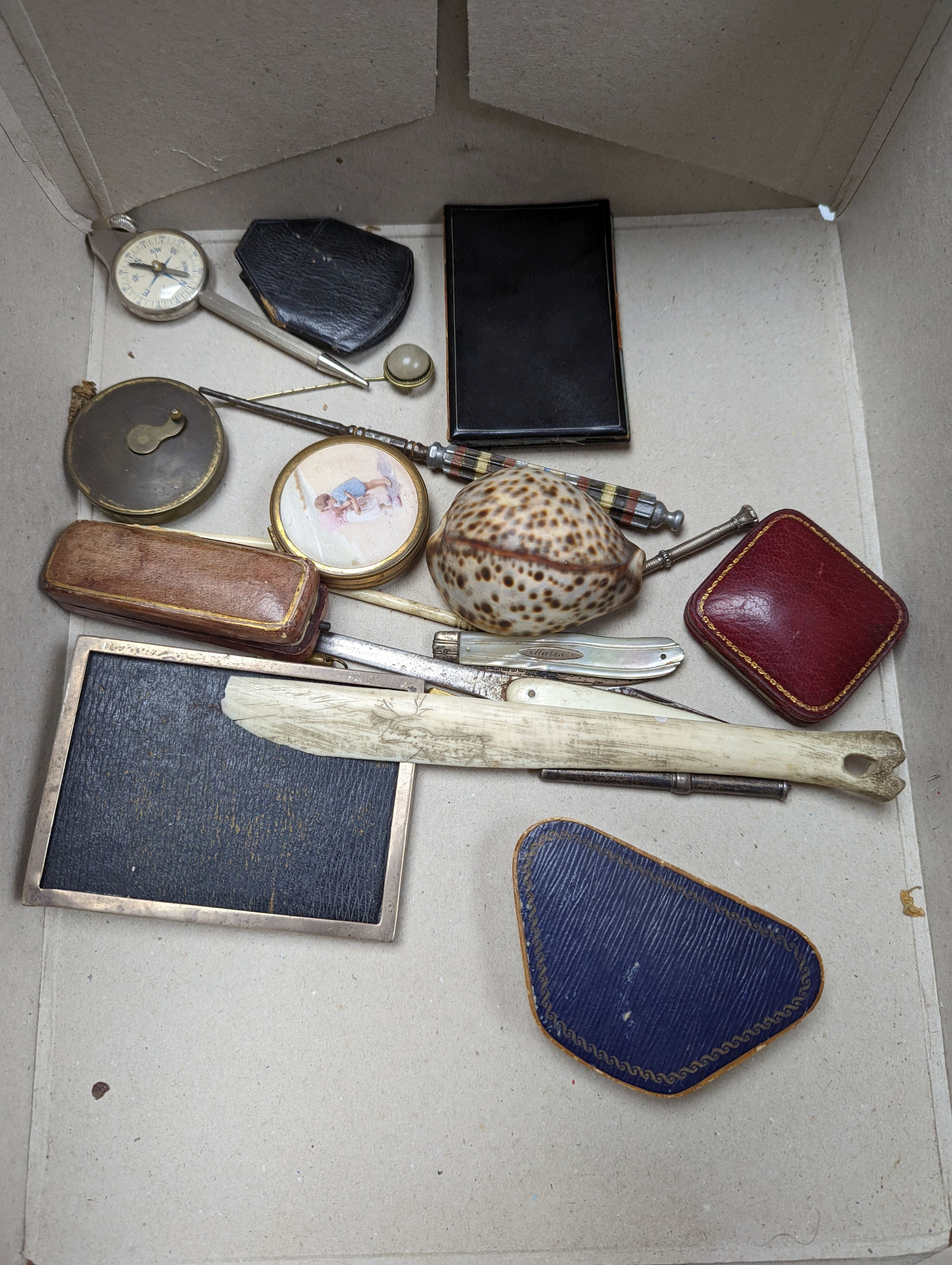 Miscellaneous items including carved wood watch stand, ‘Our Father’ cameo shell and a plated inkwell